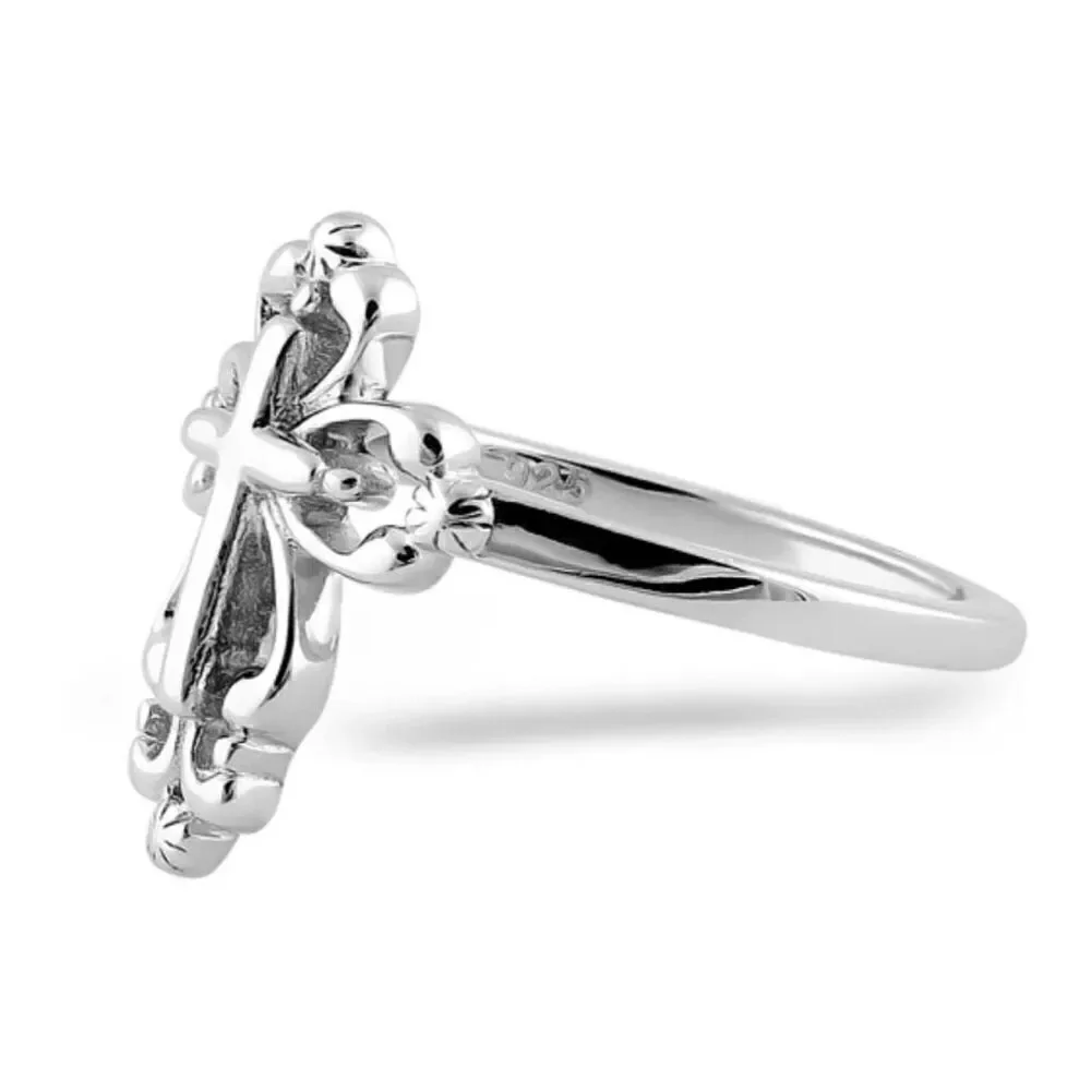 New Sterling Silver Ornate Scrollwork Cross Ring